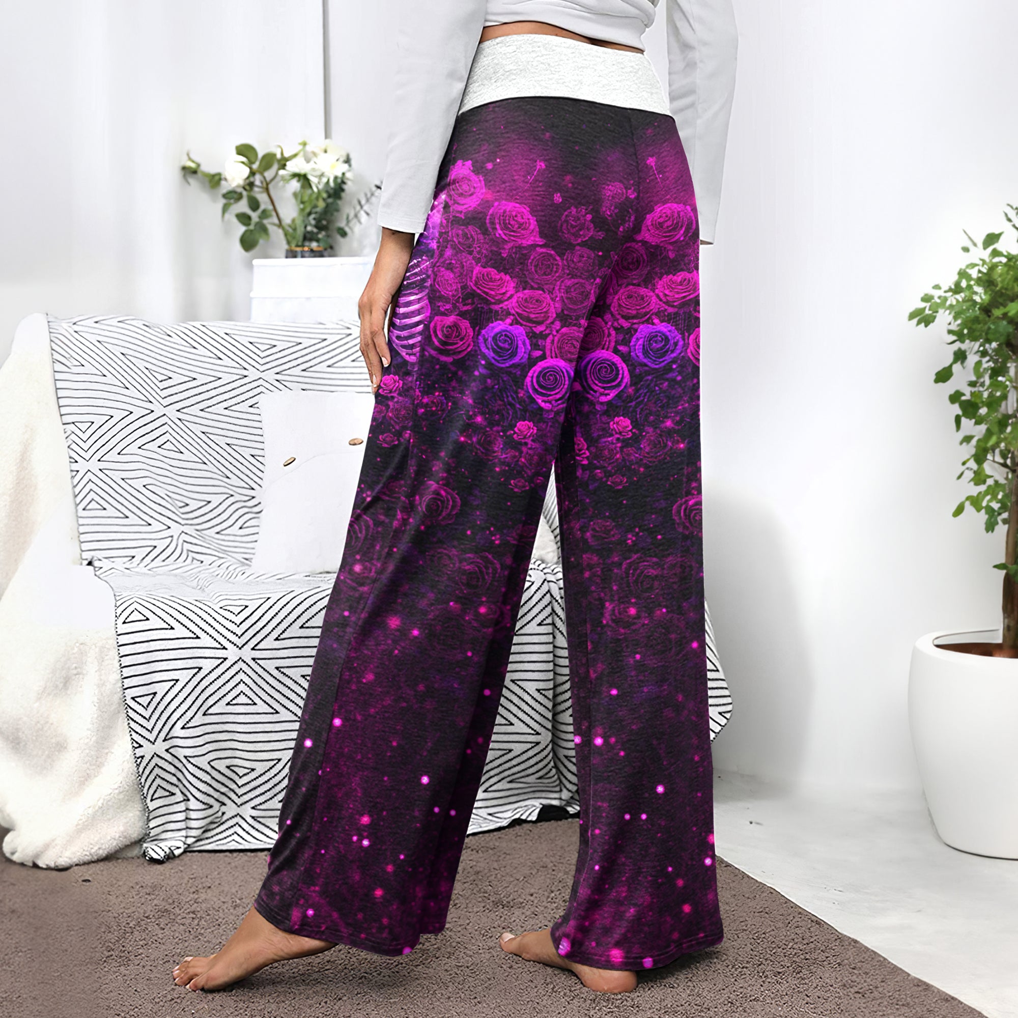 Eternal Purple Rose Skeleton Women's High-waisted Wide Leg Pants