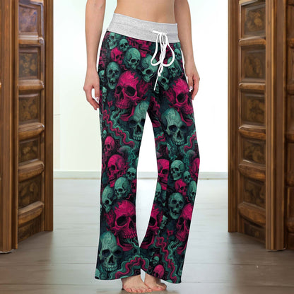 Toxic Pink Skulls Pattern Women's High-waisted Wide Leg Pants