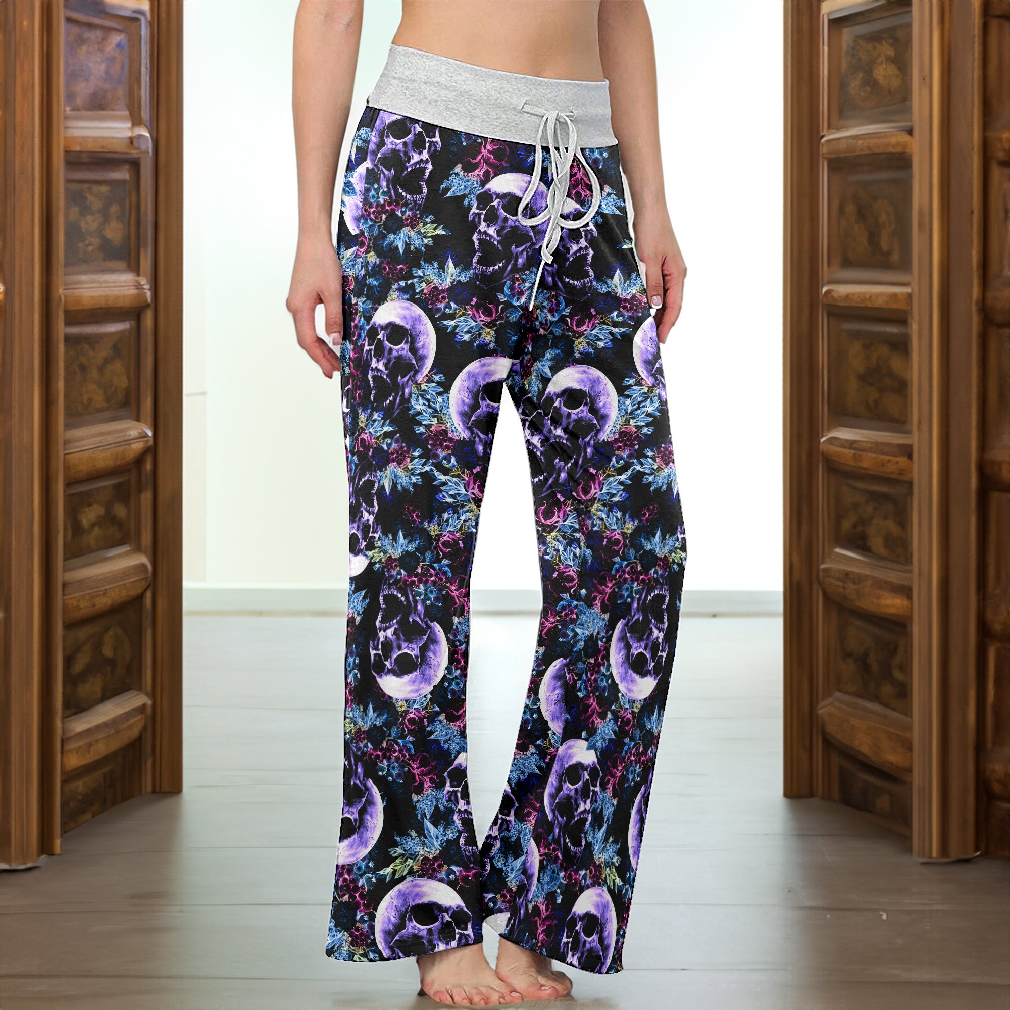 Violet Grunge Floral Skull Women's High-waisted Wide Leg Pants