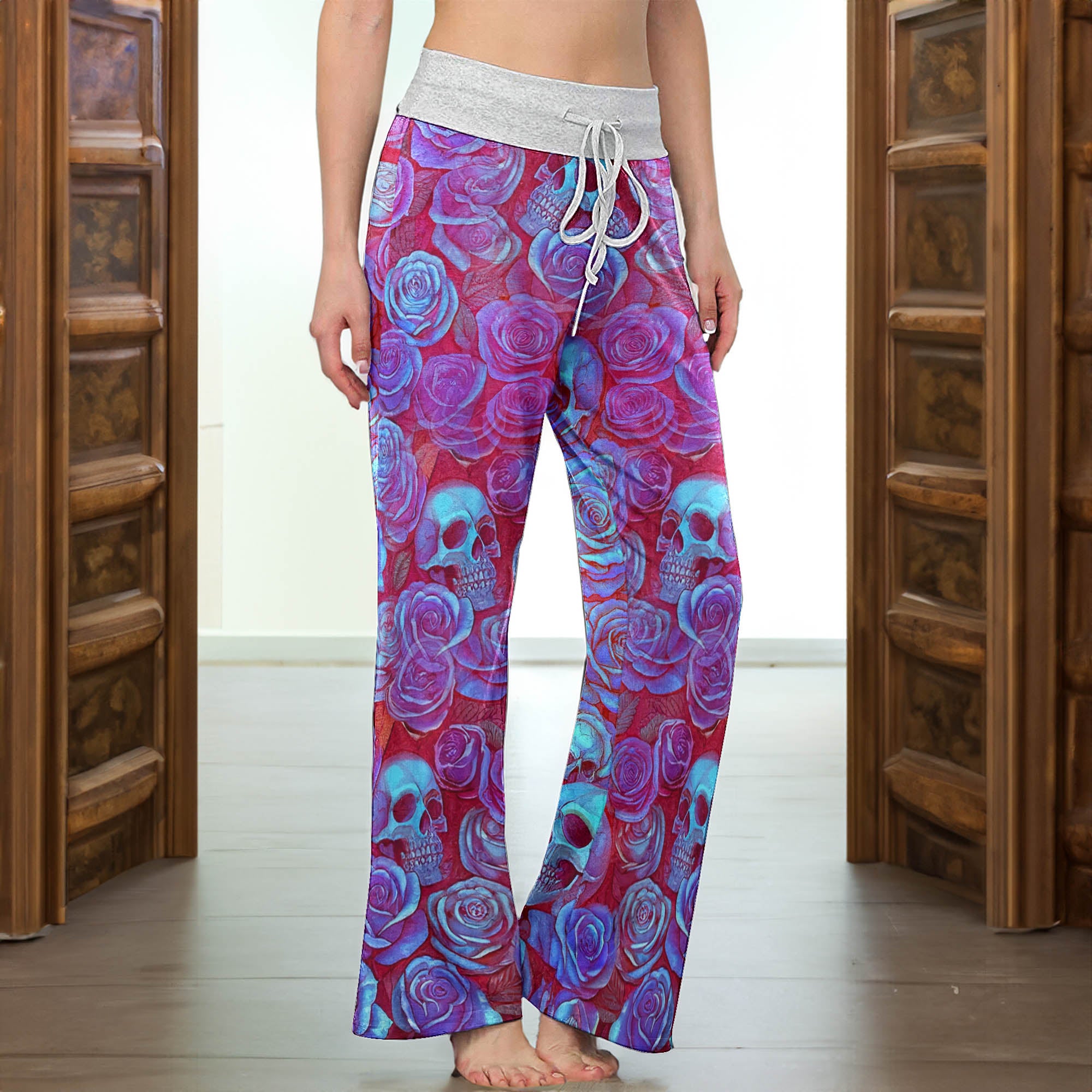 Purple Neon Skull Rose Women's High-waisted Wide Leg Pants