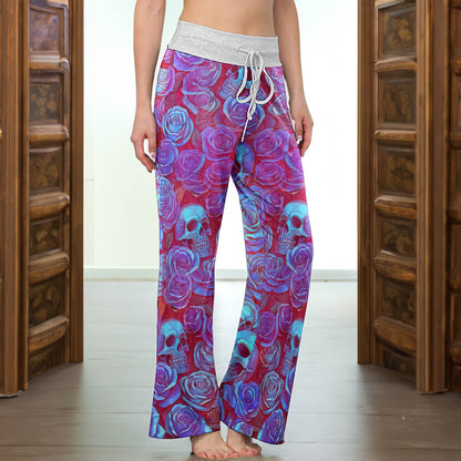 Purple Neon Skull Rose Women's High-waisted Wide Leg Pants