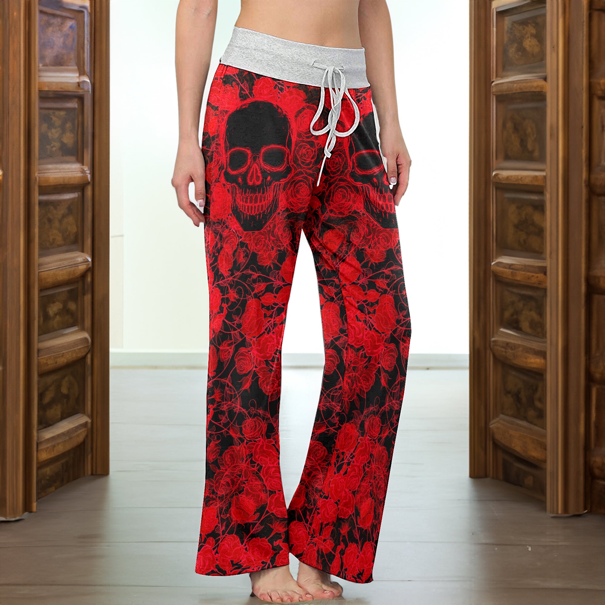 Red Neon Skull Rose Women's High-waisted Wide Leg Pants