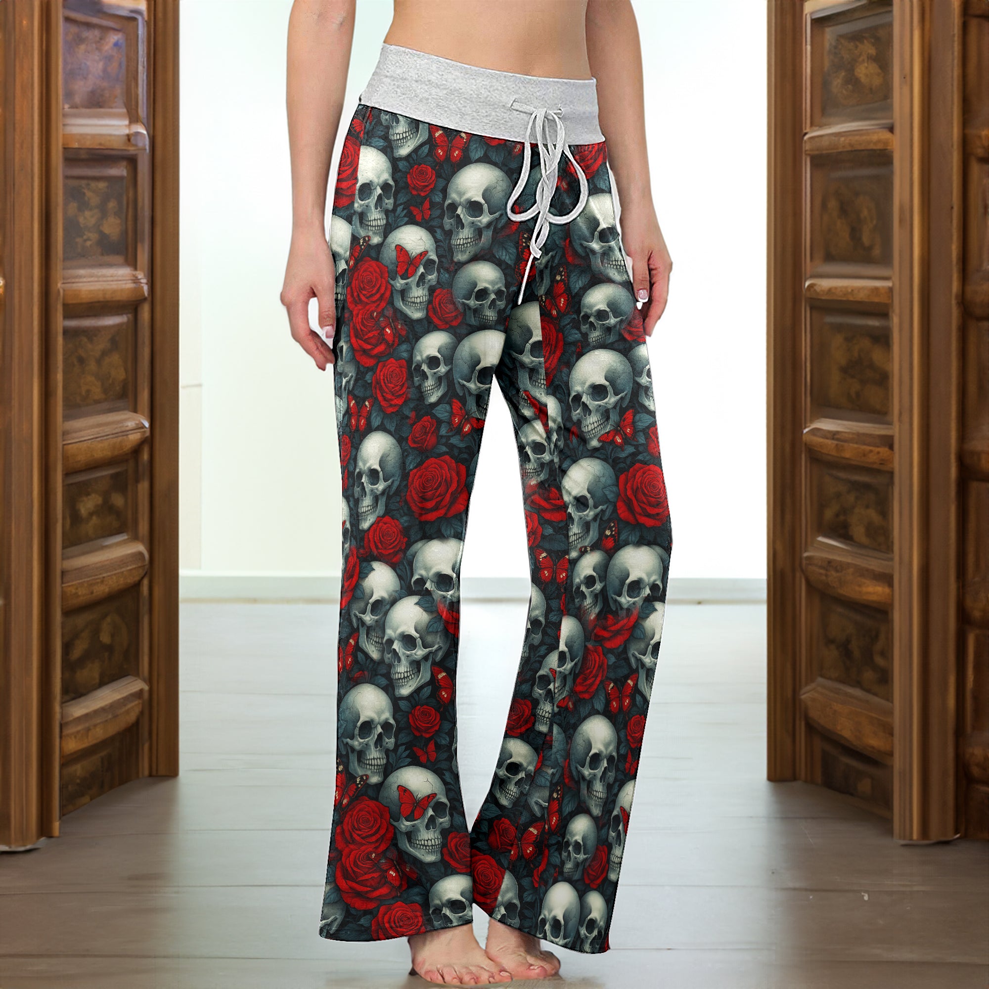 Skull Rose Gothic Seamless  Women's High-waisted Wide Leg Pants