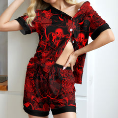 Red Midnight Romance Women's Pajama Sets Top Sleeve & Short Bottom