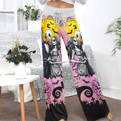 Pink Couple Nightmare Theme Women's High-waisted Wide Leg Pants | Wonder Skull