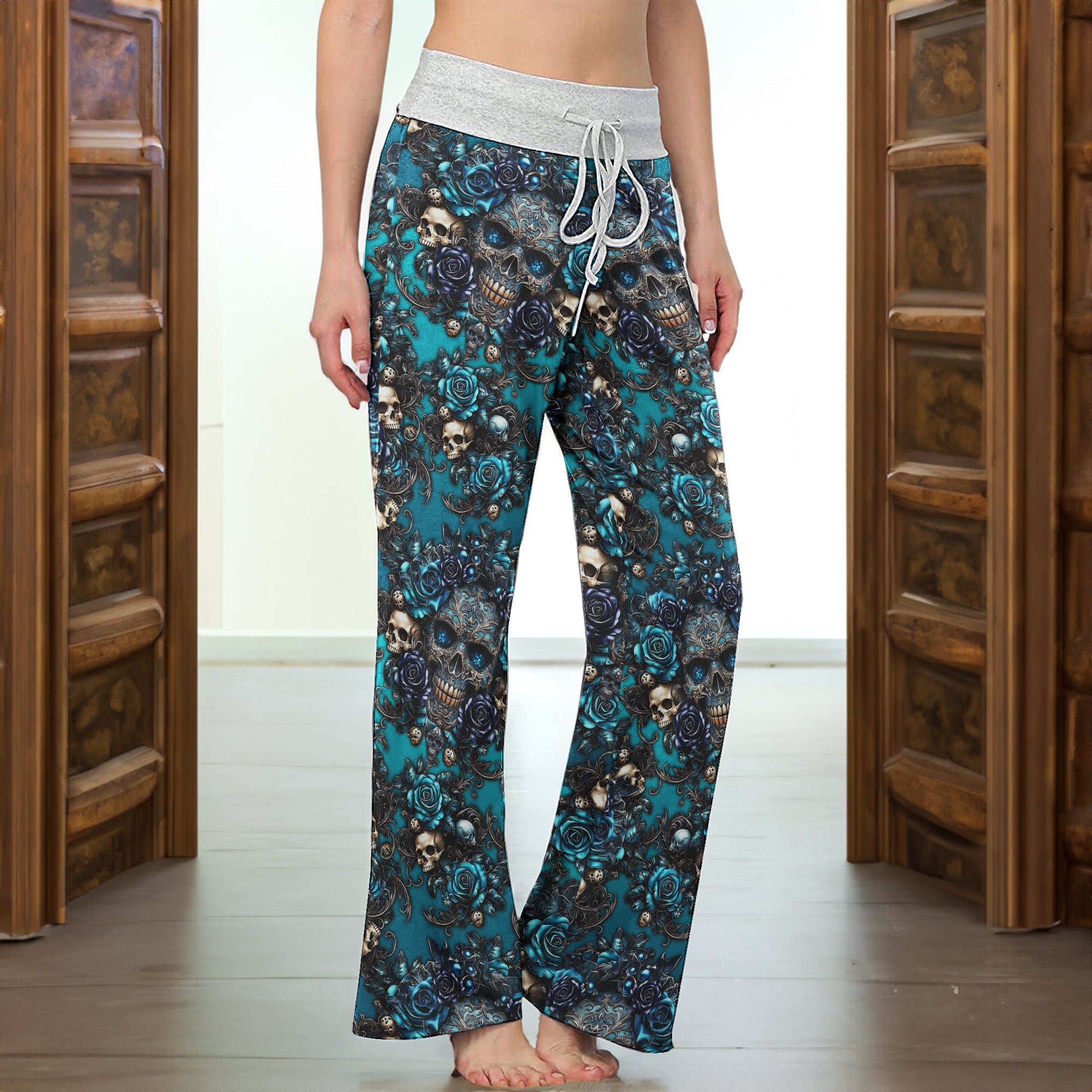 Dark Blue Skull Gothic Women's High-waisted Wide Leg Pants