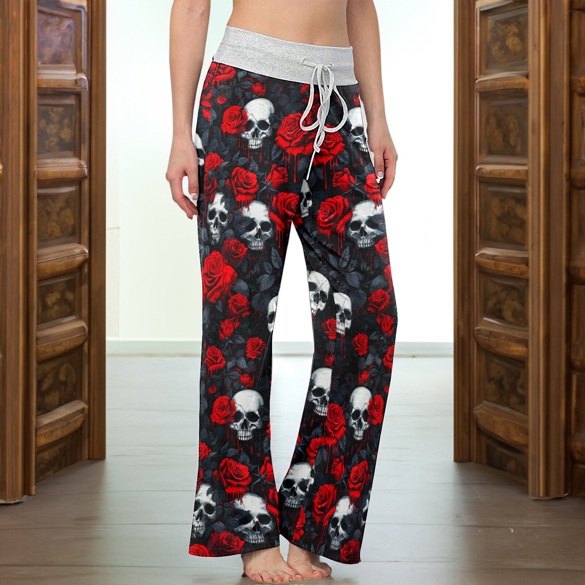 Skull Thorns Rose Pattern Women's High-waisted Wide Leg Pants