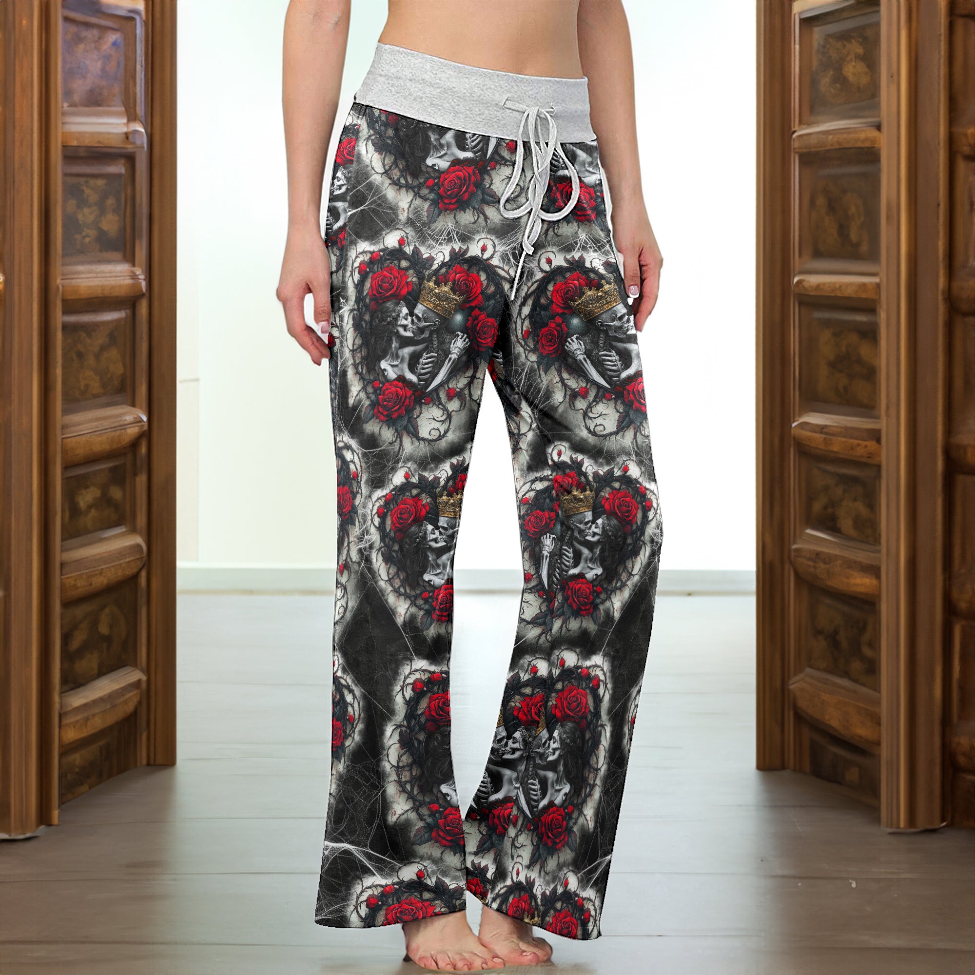 Couple Skeleton Gothic Pattern Women's High-waisted Wide Leg Pants