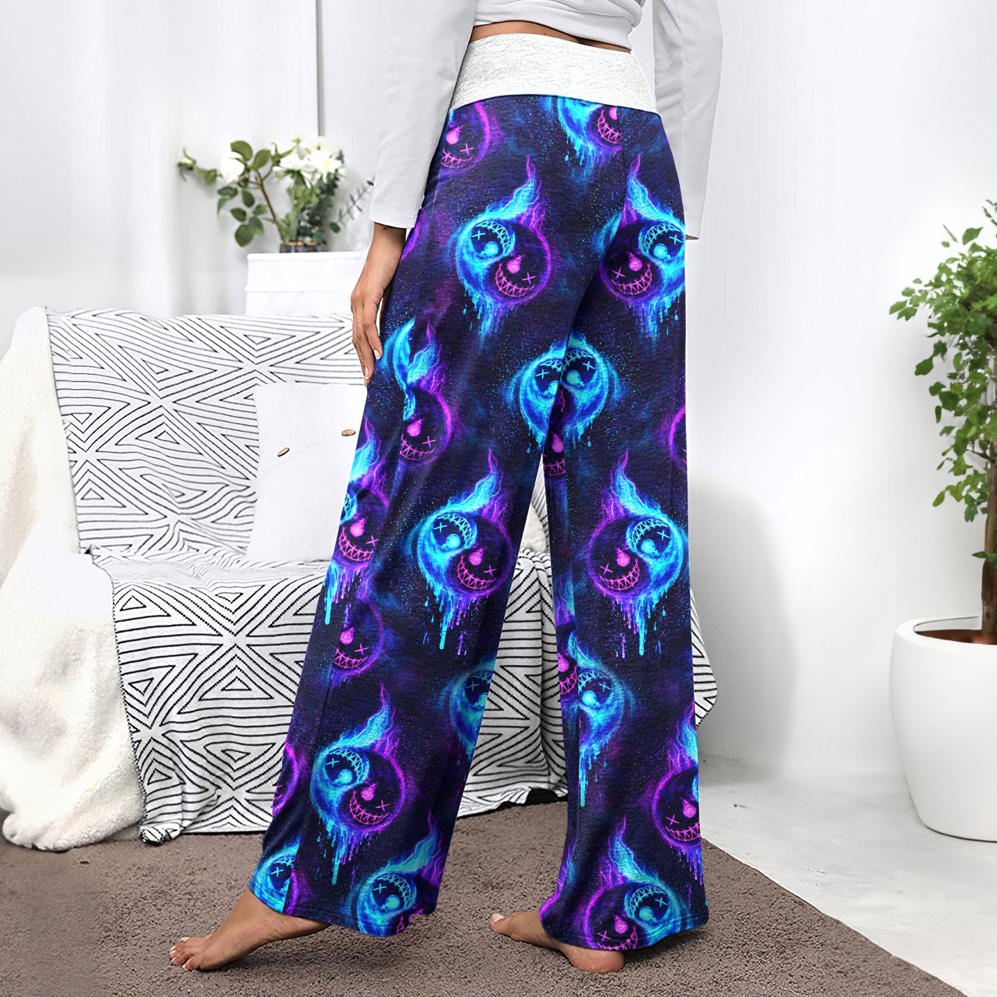 Neon Flame Skull Pattern Women's High-waisted Wide Leg Pants