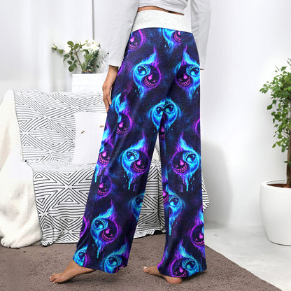 Neon Flame Skull Pattern Women's High-waisted Wide Leg Pants