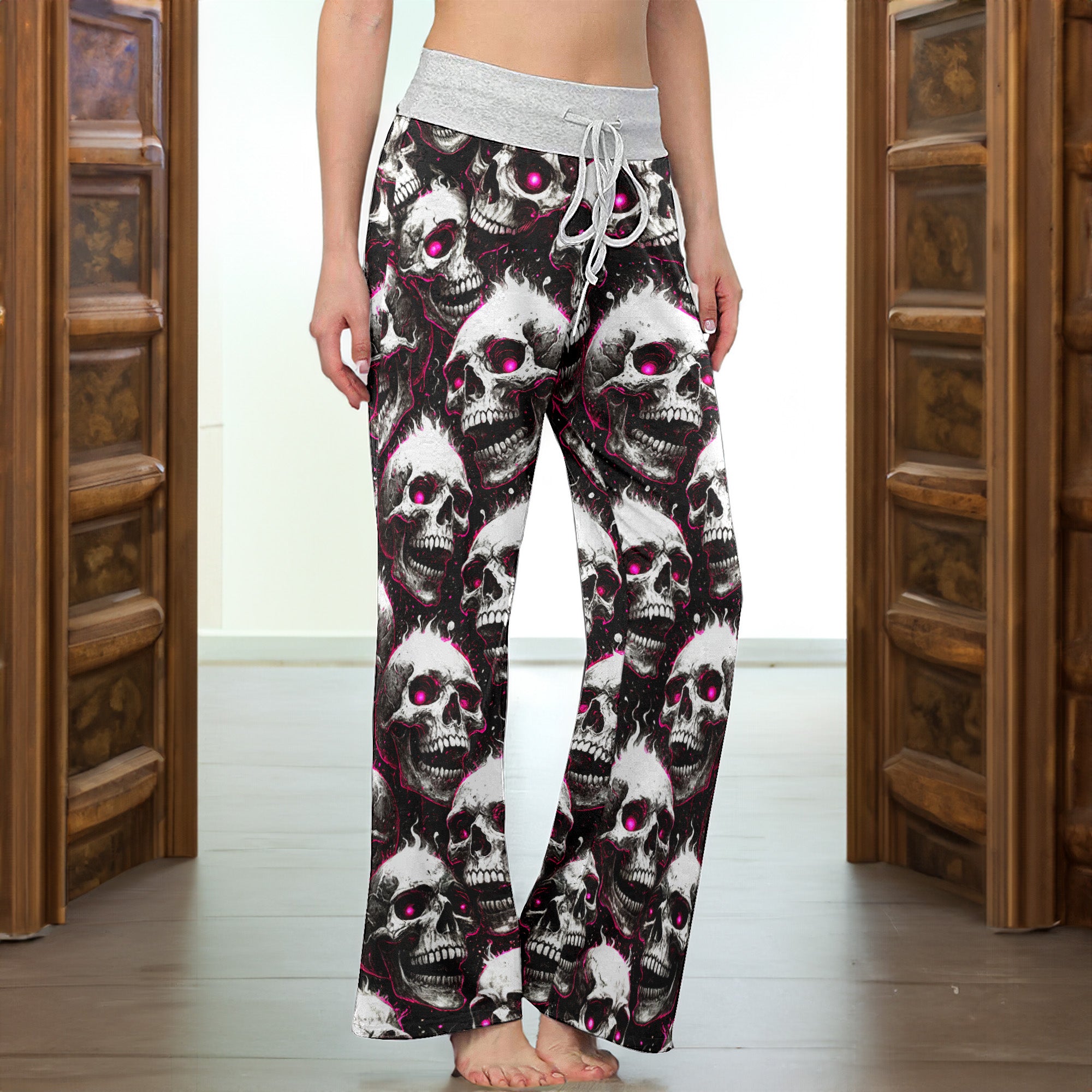 Fiery Skull Pink Eyes Women's High-waisted Wide Leg Pants
