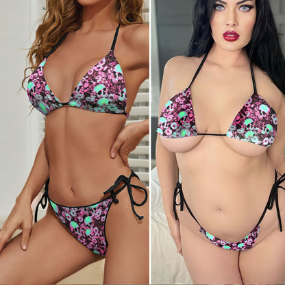 Holographic Neon Skull Micro Triangle Bikini Swimsuit