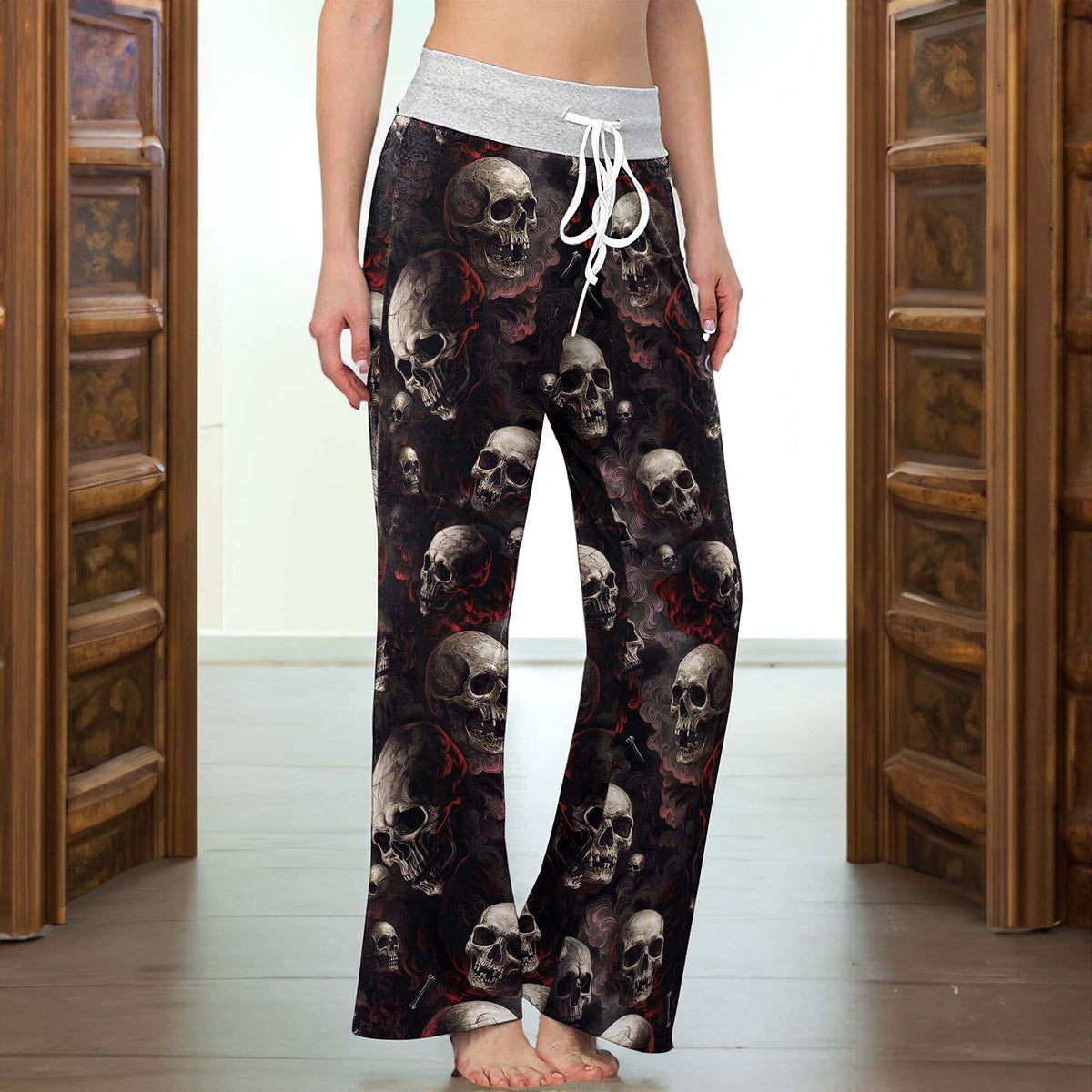 Dark Smoke Skulls Pattern Women's High-waisted Wide Leg Pants