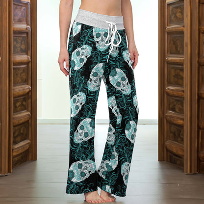 Gothic Teal Rose Skulls Women's High-waisted Wide Leg Pants