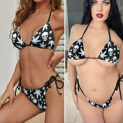 Holographic Leaf Skull Fabric Micro Triangle Bikini Swimsuit