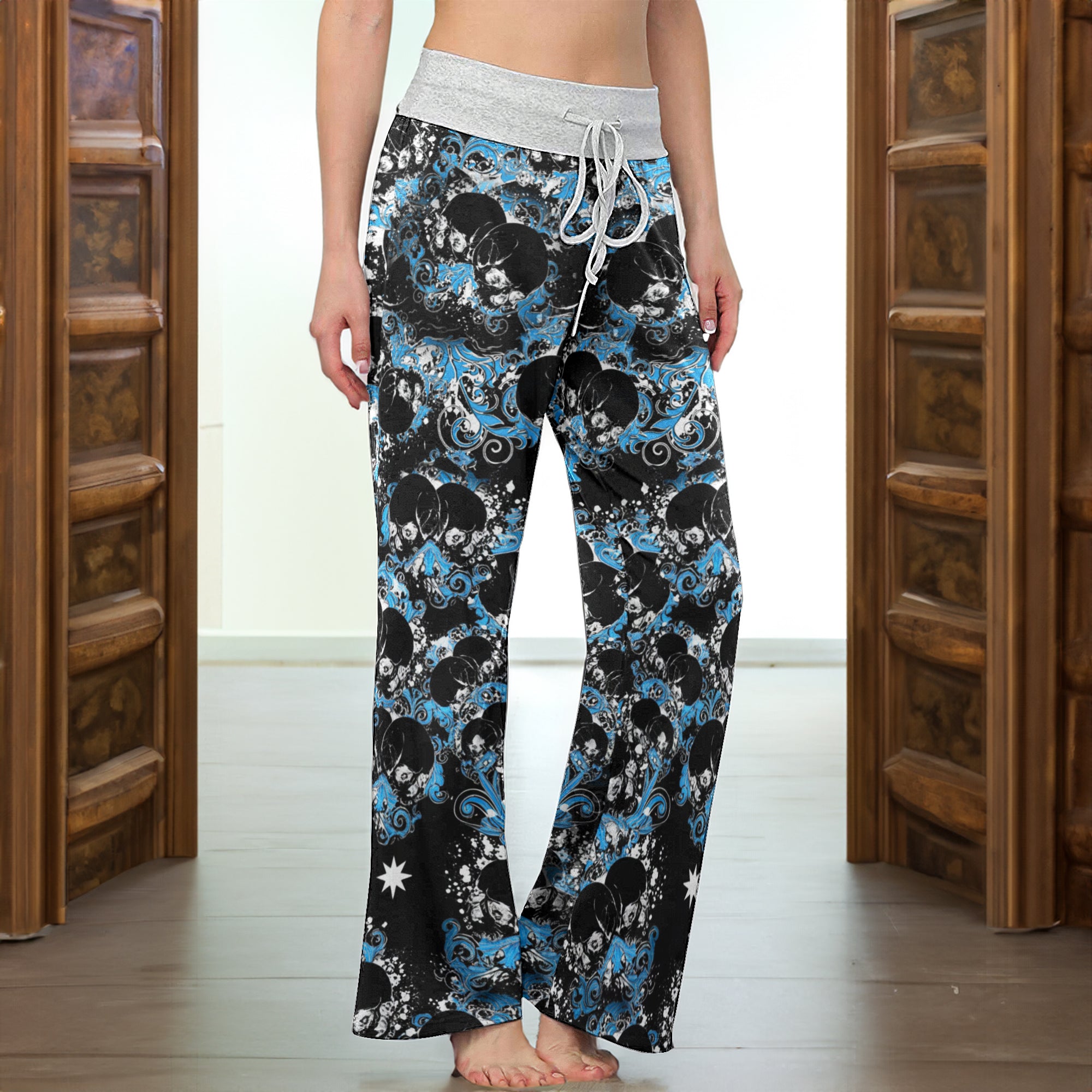 Baroque Blue Skull Swirl Women's High-waisted Wide Leg Pants