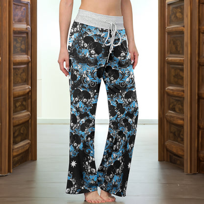Baroque Blue Skull Swirl Women's High-waisted Wide Leg Pants