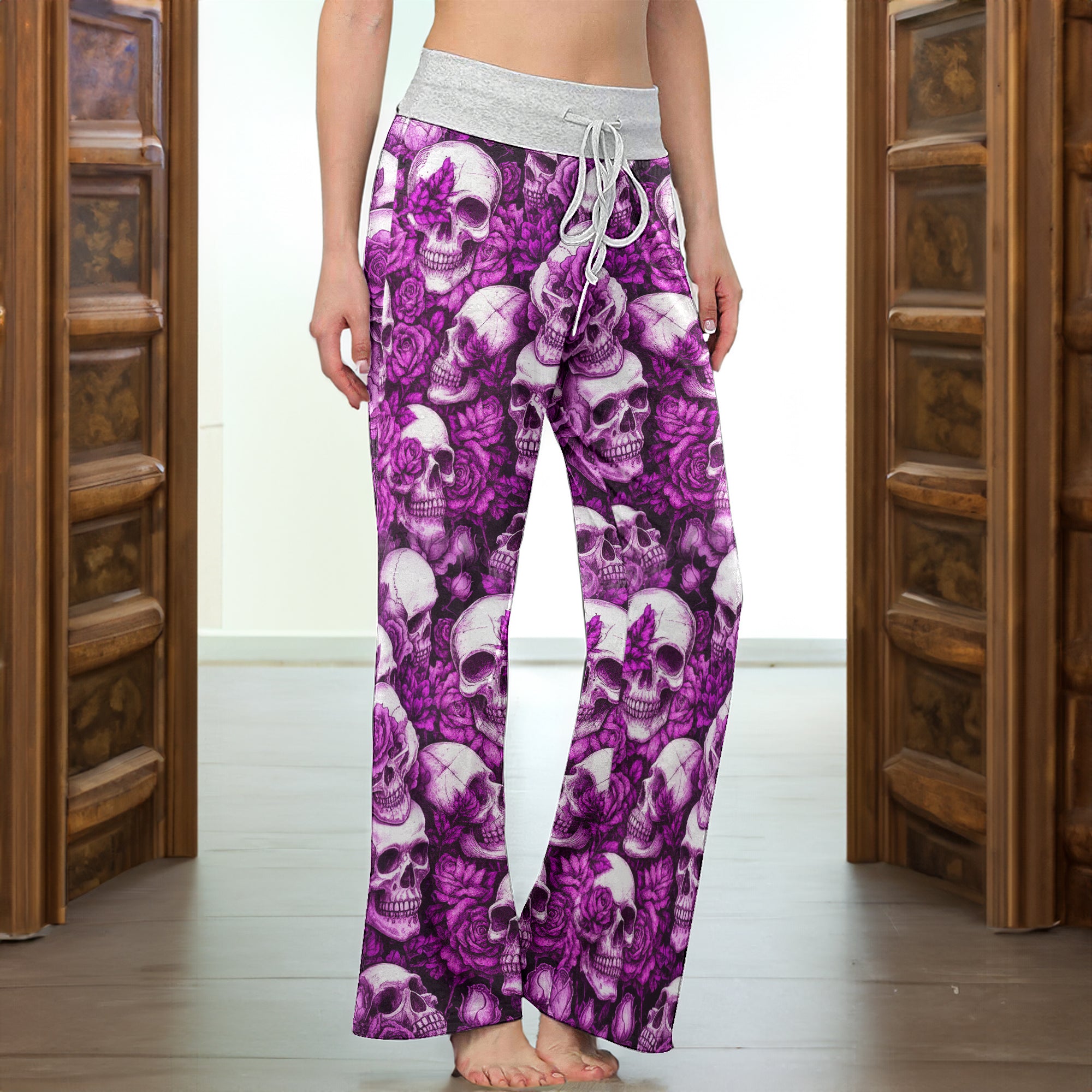 Purple Skull Rose Pattern Women's High-waisted Wide Leg Pants