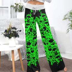 Black Green Skull Pattern Women's High-waisted Wide Leg Pants | Wonder Skull