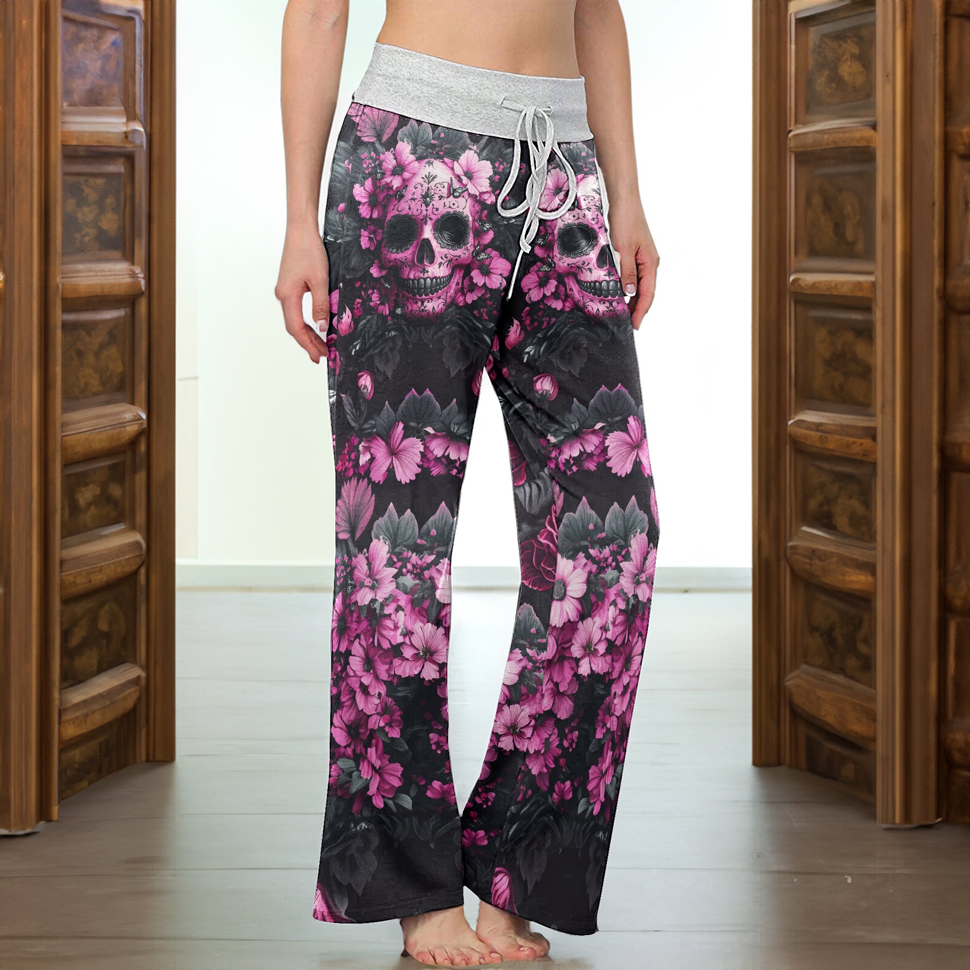 Pink Skull Flower Women's High-waisted Wide Leg Pants