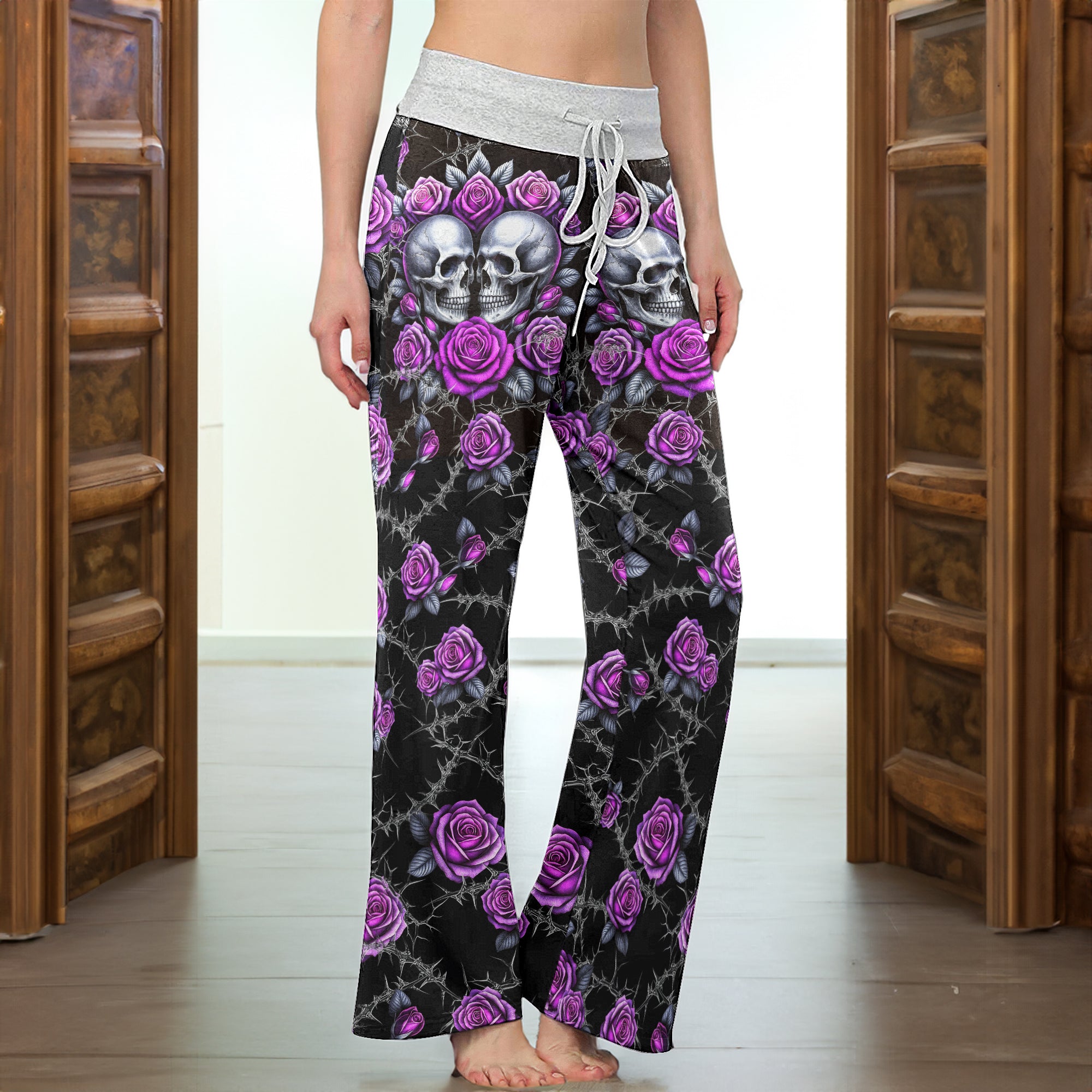 Purple Couple Skull Rose Women's High-waisted Wide Leg Pants