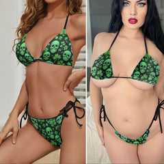 Green Shamrock Ornate Skull Micro Triangle Bikini Swimsuit