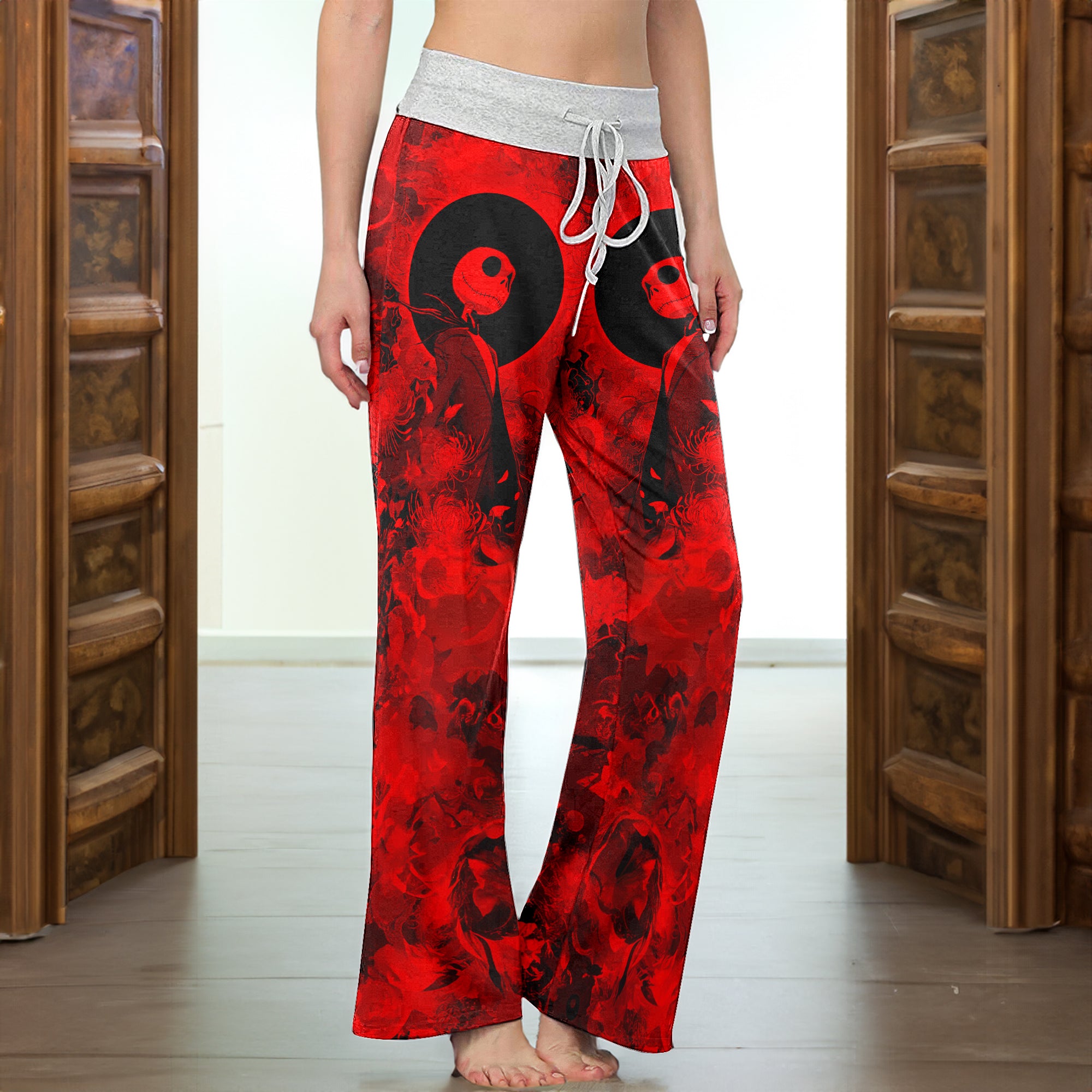 Gothic Skeleton Red Floral Women's High-waisted Wide Leg Pants