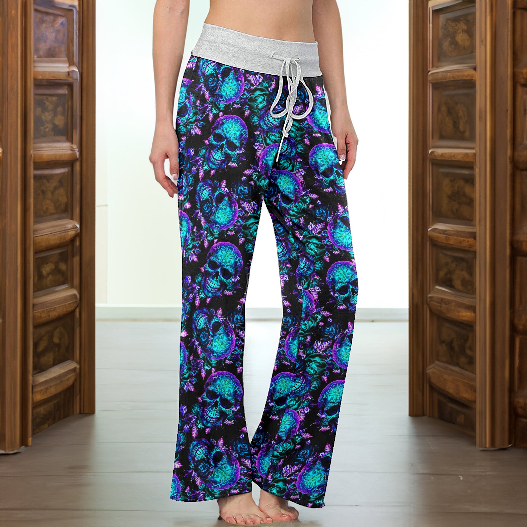 Midnight Royal Skull Rose Women's High-waisted Wide Leg Pants