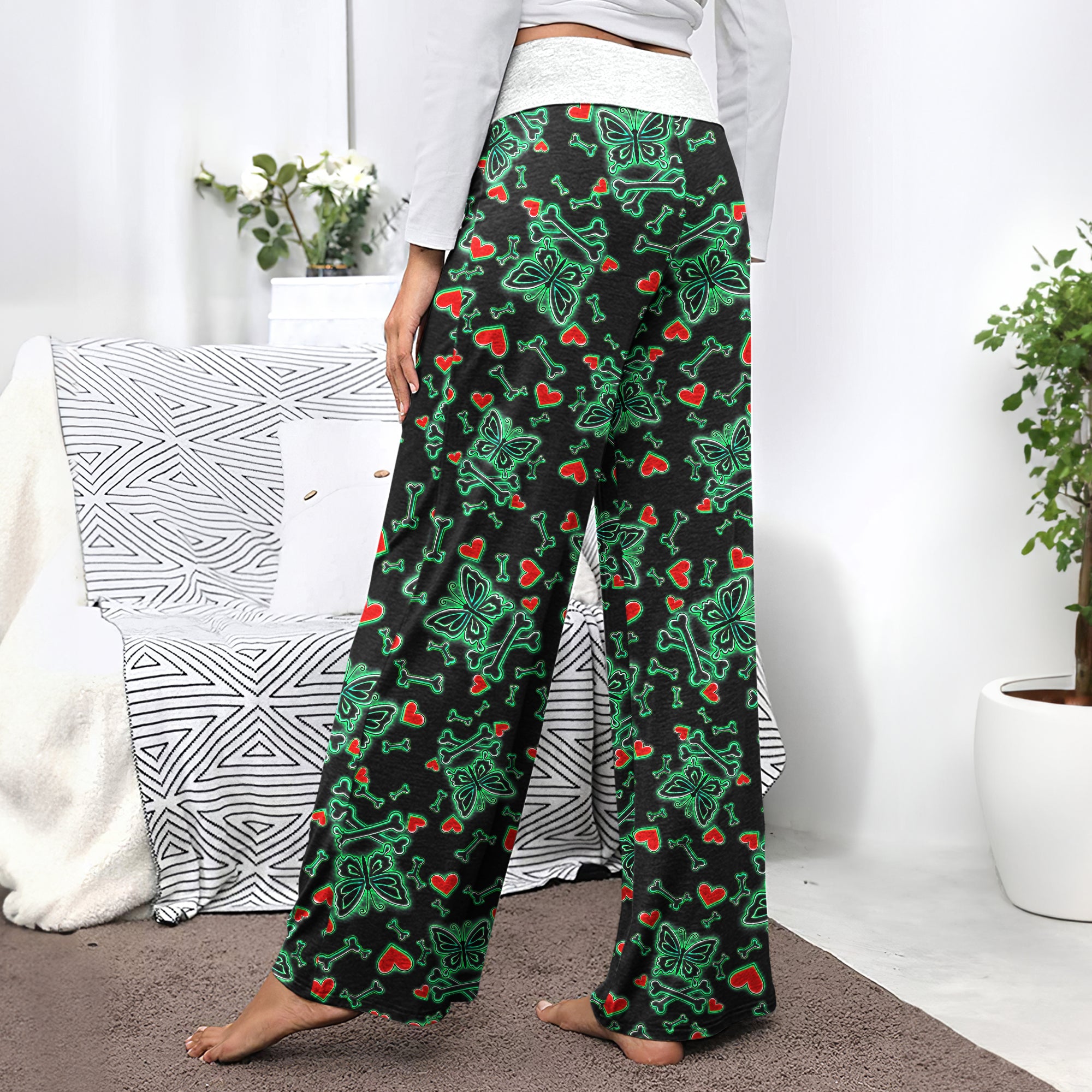 Midnight Glow Skulls Butterfly Women's High-waisted Wide Leg Pants