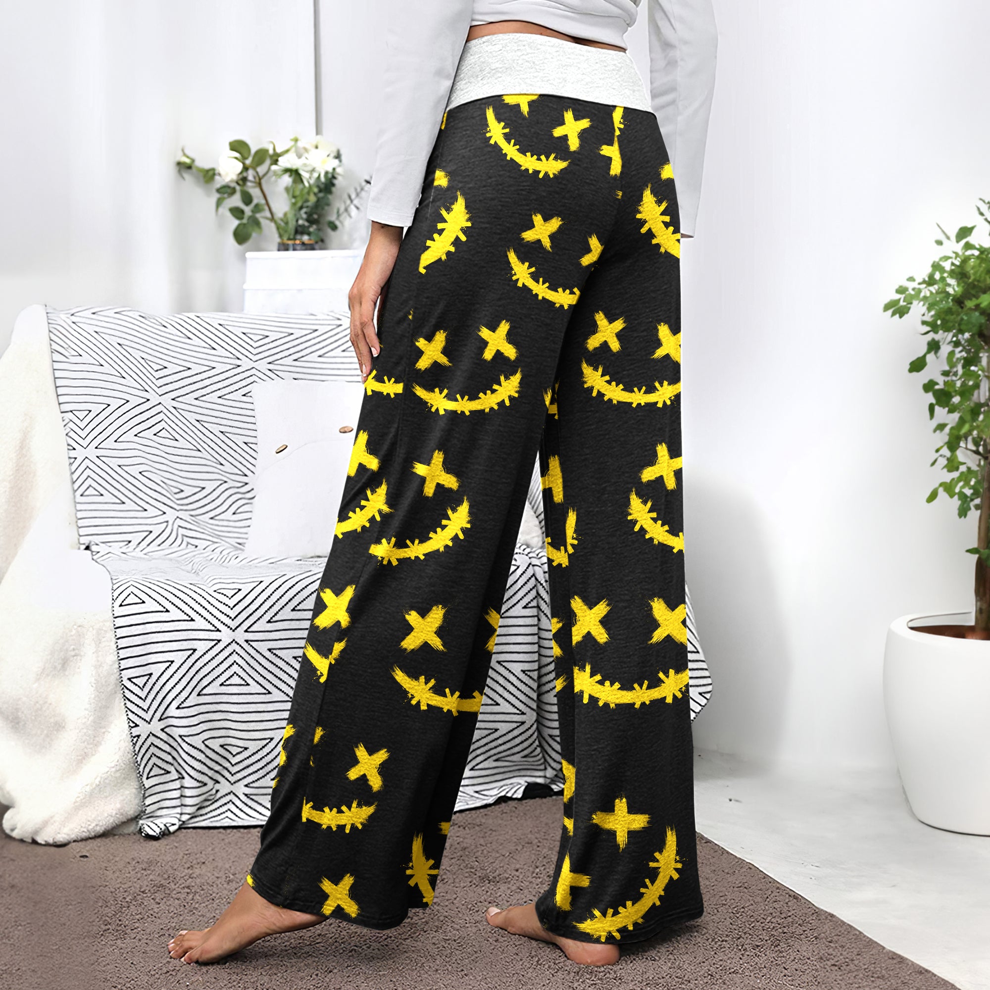 Yellow Stitch Faces Pattern Women's High-waisted Wide Leg Pants