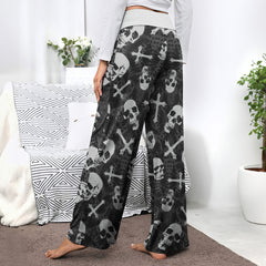 Black Skull Cross Gothic Women's High-waisted Wide Leg Pants | Wonder Skull