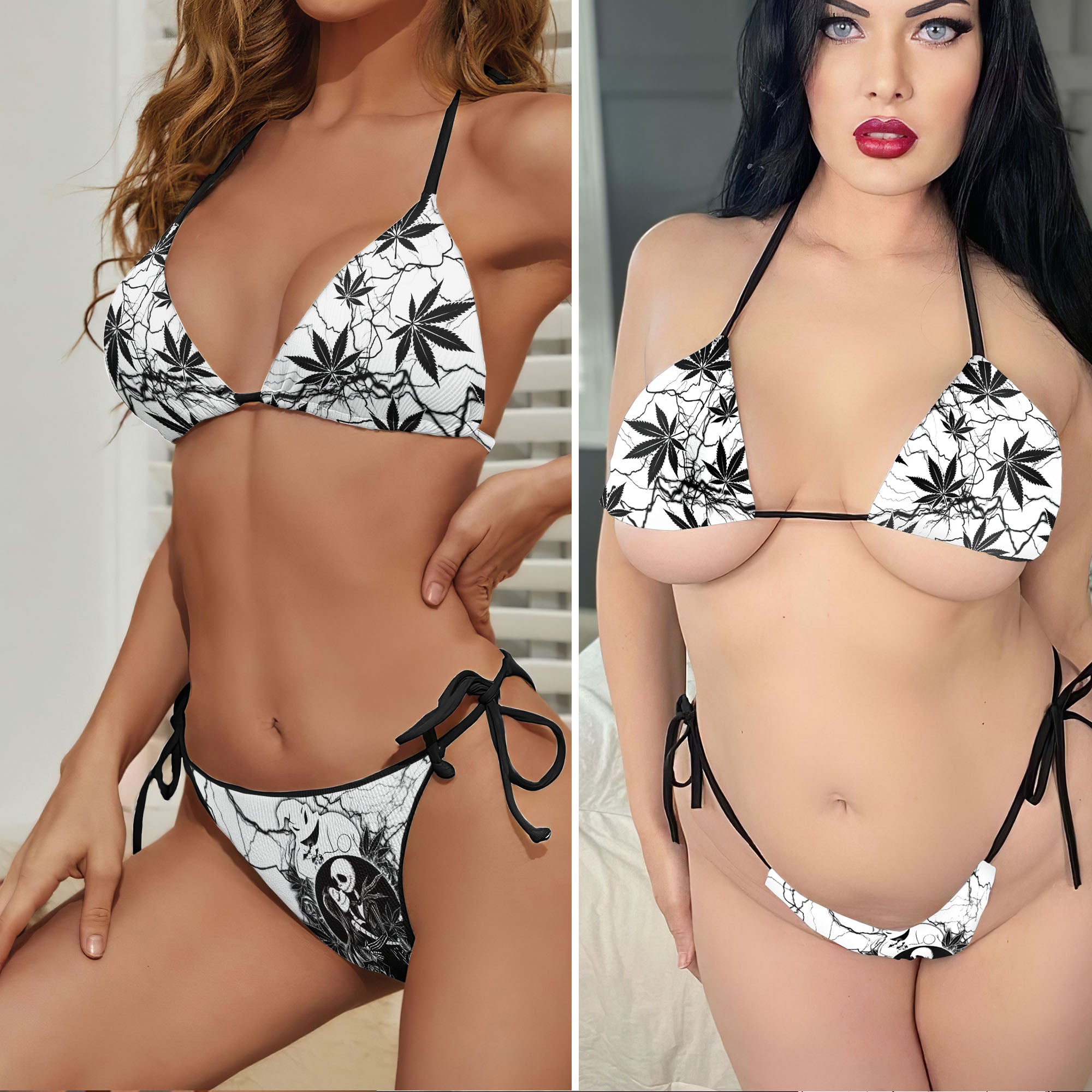 Black Couple Leaf Art Micro Triangle Bikini Swimsuit