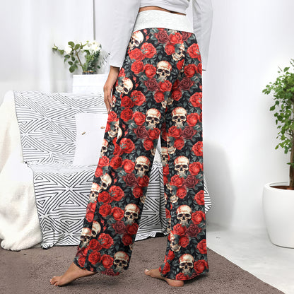 Blood Red Skull Bloom Women's High-waisted Wide Leg Pants