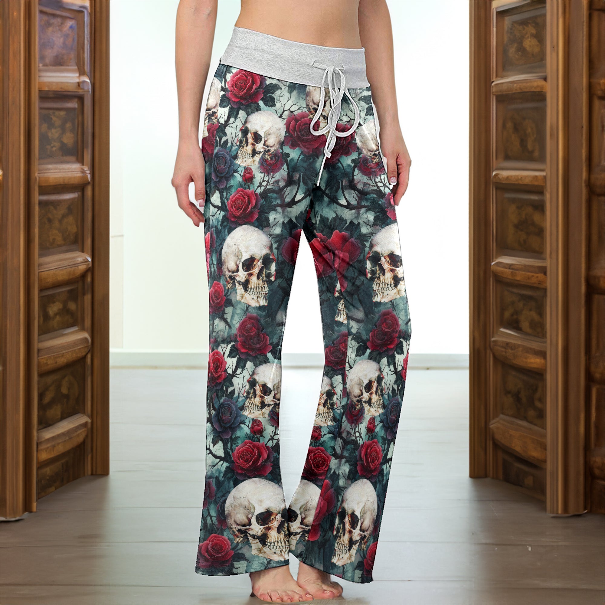 Rose Skull Pattern Thorns Women's High-waisted Wide Leg Pants