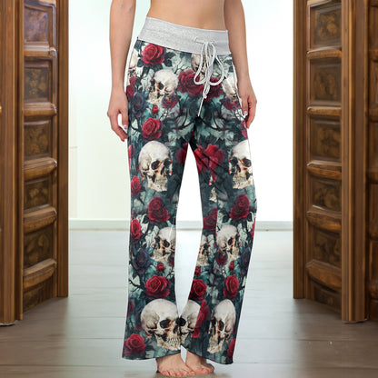 Rose Skull Pattern Thorns Women's High-waisted Wide Leg Pants