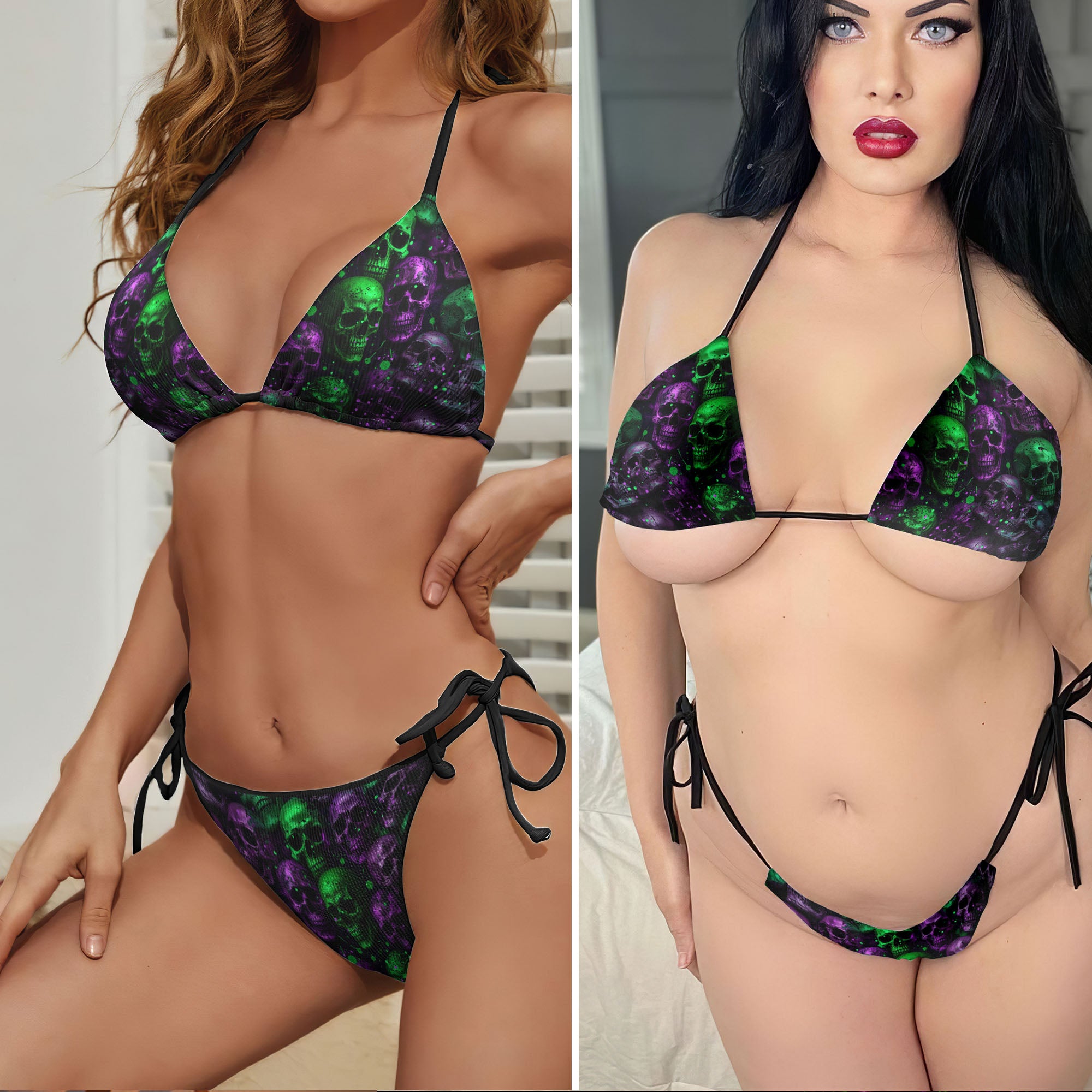 Acid Green Purple Skull Micro Triangle Bikini Swimsuit