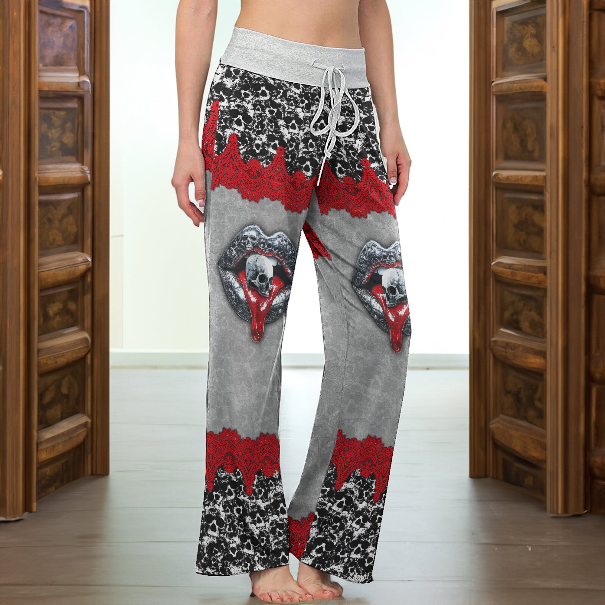 Metal Skull Lip Melt Women's High-waisted Wide Leg Pants