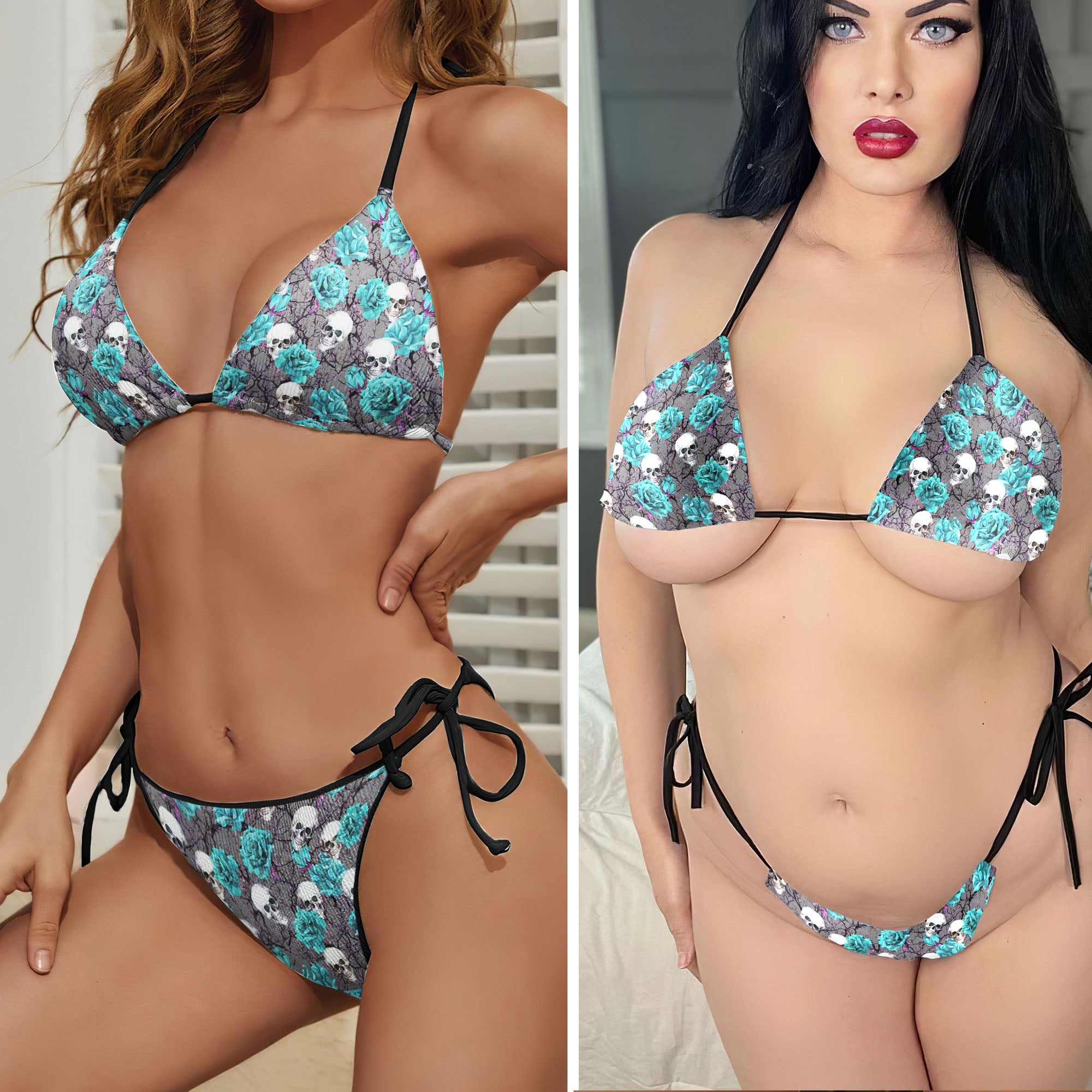 Vintage Floral Skull Seamless Micro Triangle Bikini Swimsuit
