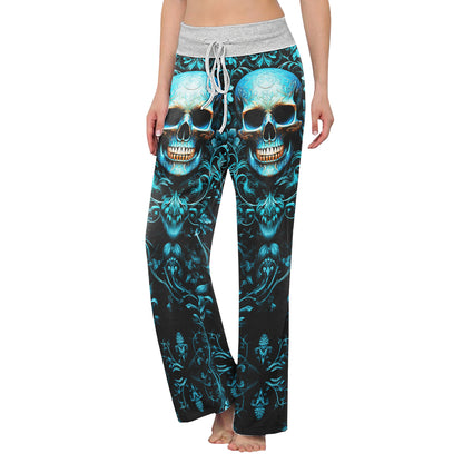 Cyan Skull Floral Gothic Women's High-waisted Wide Leg Pants | Wonder Skull