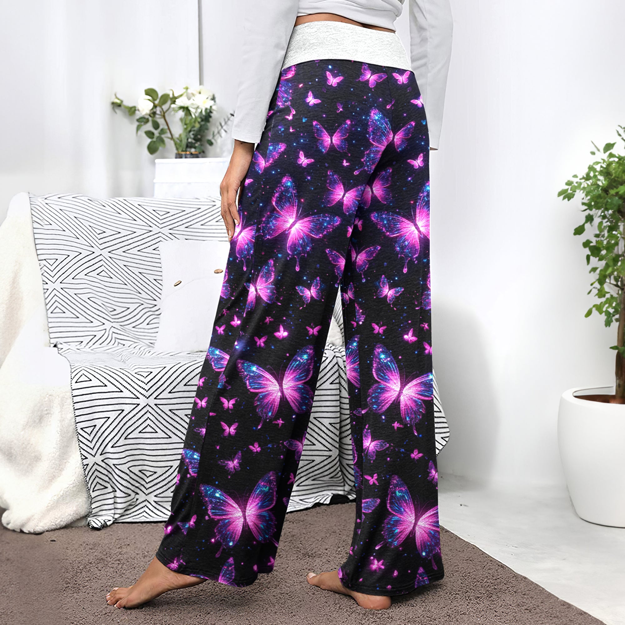 Pink Galactic Butterfly Pattern Women's High-waisted Wide Leg Pants