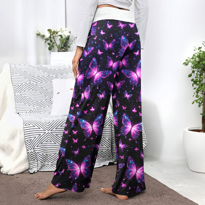 Pink Galactic Butterfly Pattern Women's High-waisted Wide Leg Pants
