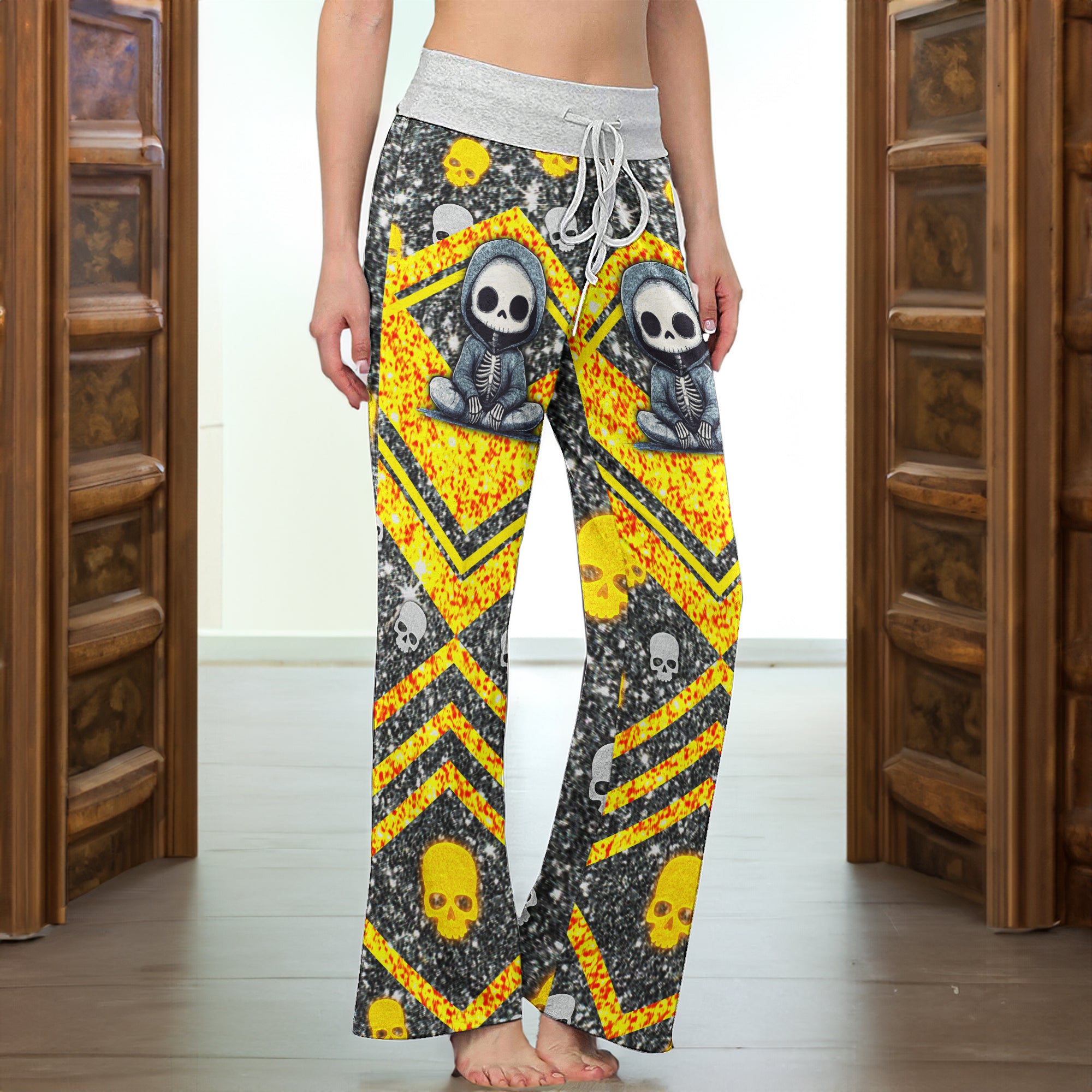 Skeleton Yellow Glitter Art Women's High-waisted Wide Leg Pants