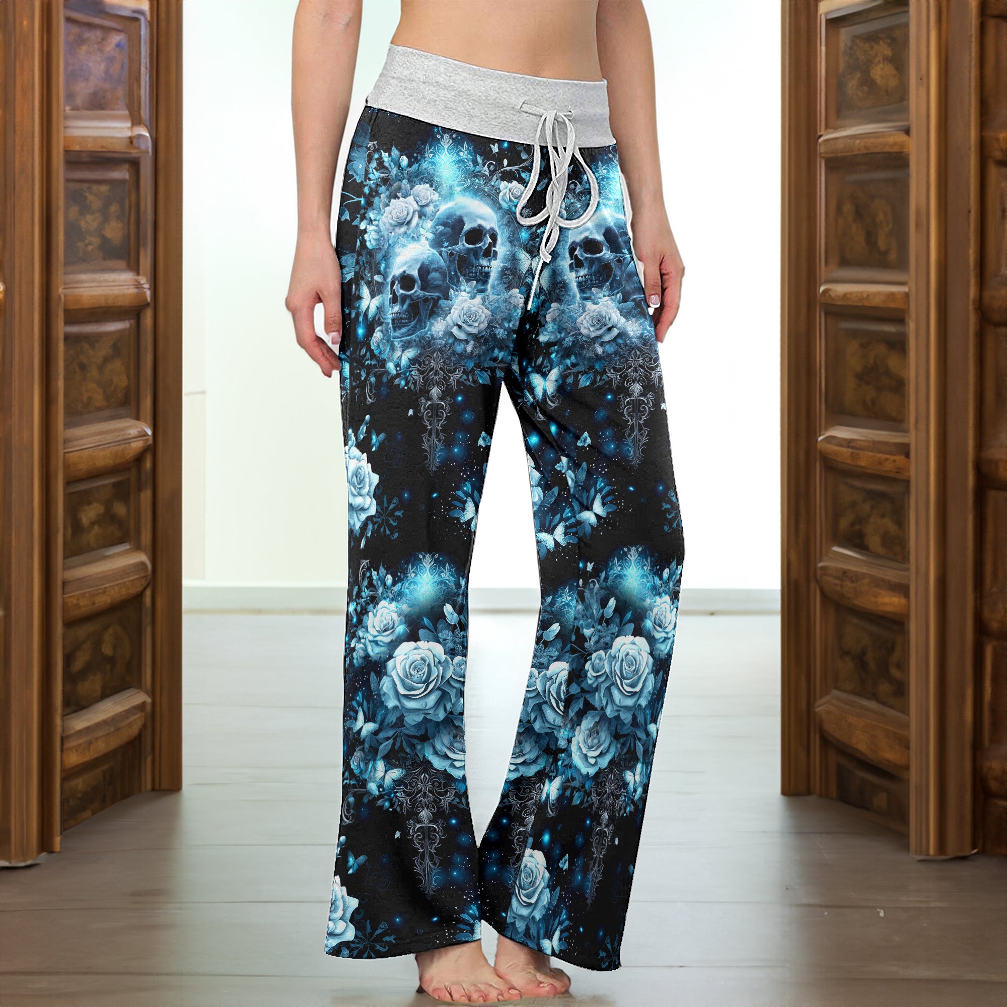 Cyan Galaxy Skull Rose Women's High-waisted Wide Leg Pants