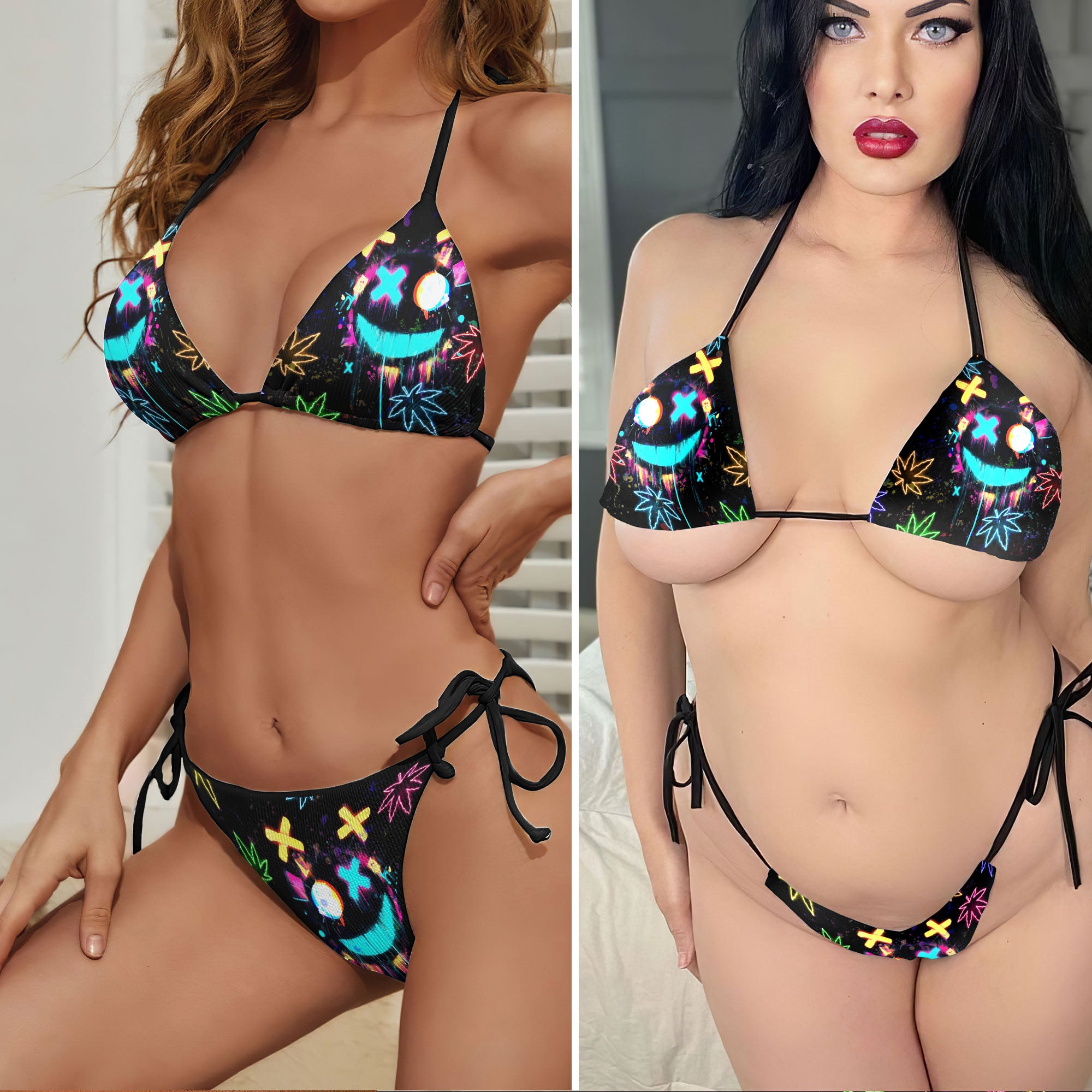 Neon Smiling Leaf Art Micro Triangle Bikini Swimsuit