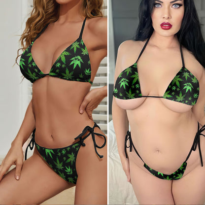Green Leaf Echo Pattern Micro Triangle Bikini Swimsuit