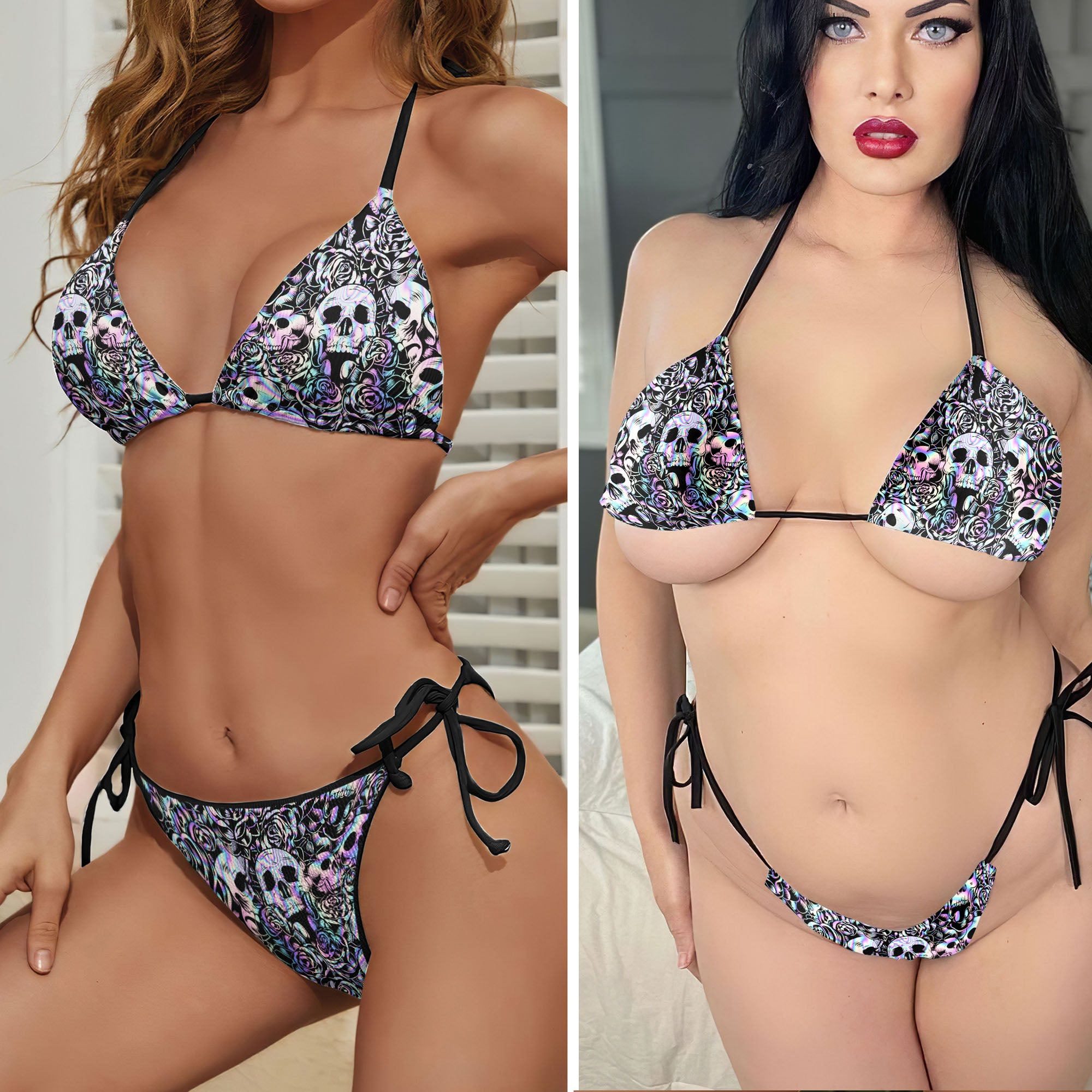 Neon Gothic Skull Rose Micro Triangle Bikini Swimsuit