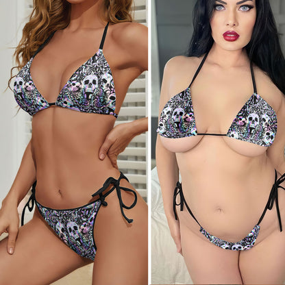 Neon Gothic Skull Rose Micro Triangle Bikini Swimsuit