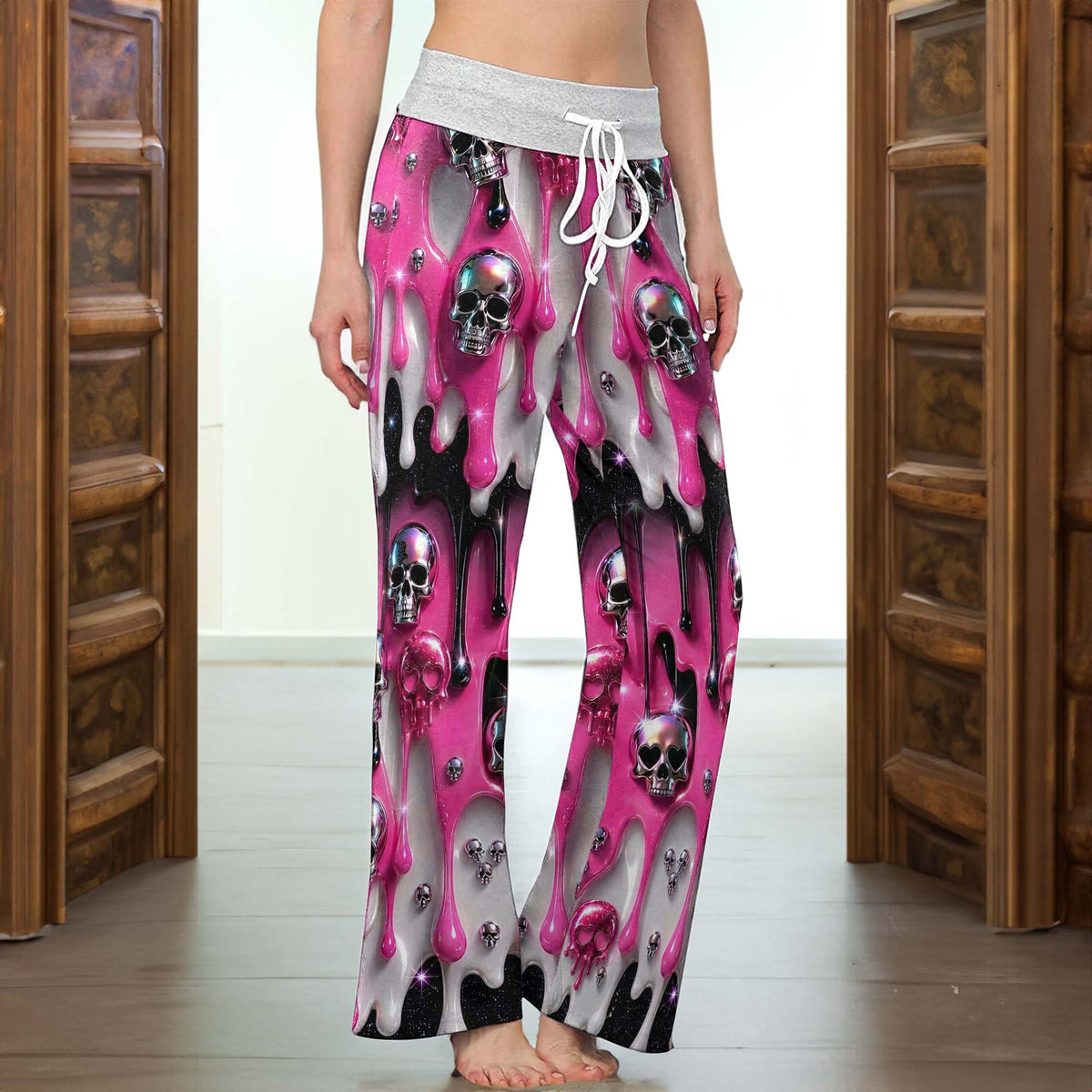 Pink Metallic Skull Lust Women's High-waisted Wide Leg Pants
