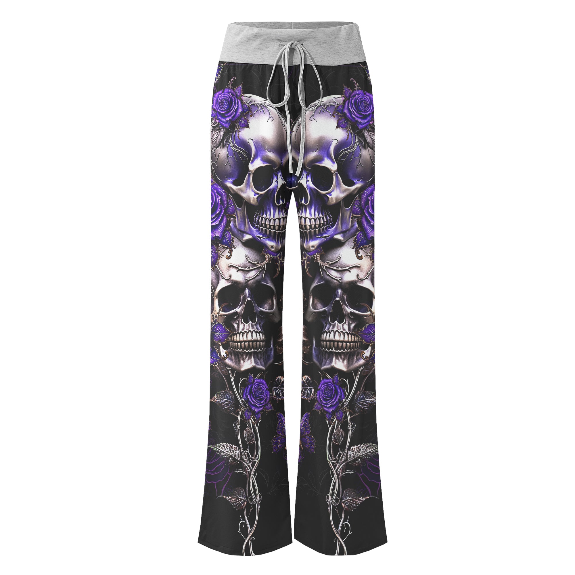 Violet Skull Flower Gothic Women's High-waisted Wide Leg Pants | Wonder Skull