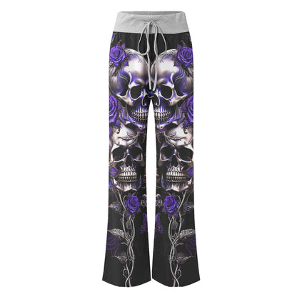 Violet Skull Flower Gothic Women's High-waisted Wide Leg Pants | Wonder Skull
